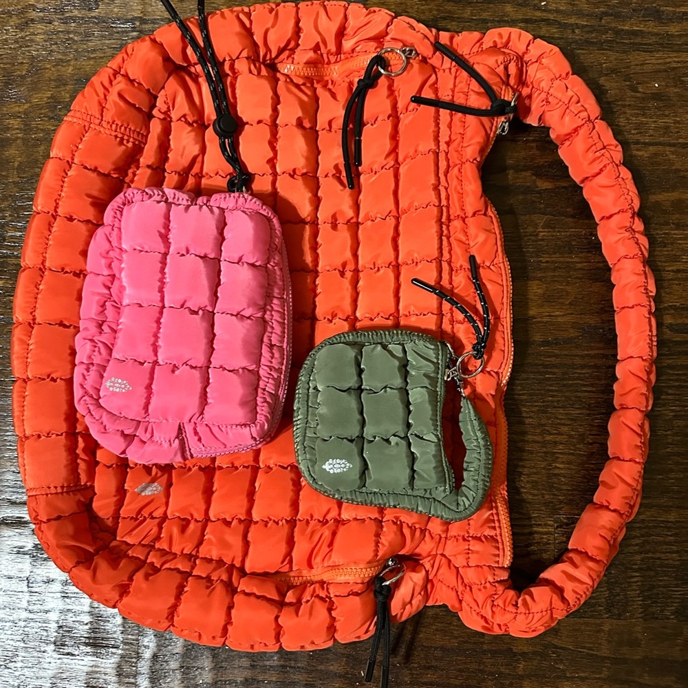 Free People Movement Orange Quilted carryall with Pink and Green Pouches